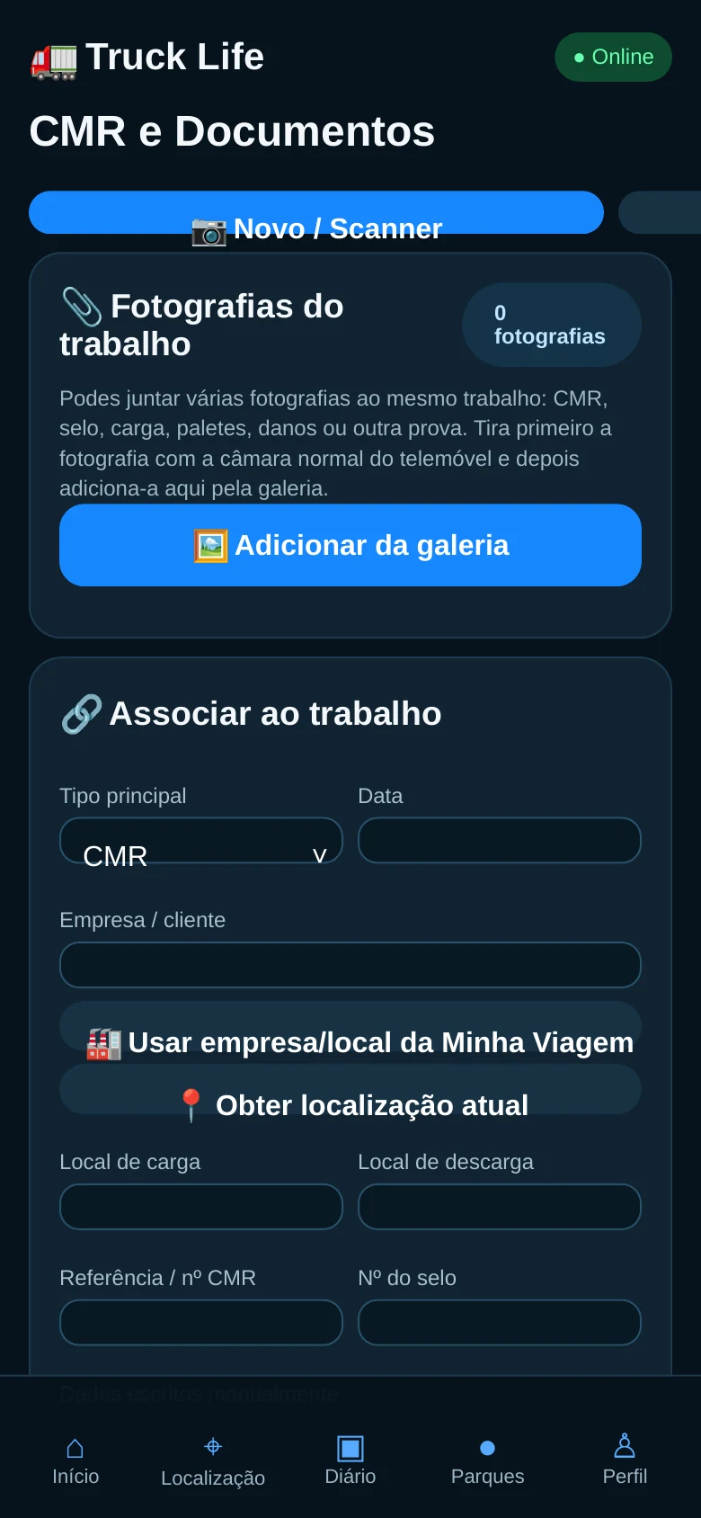 Ecrã de CMR e documentos da Truck Life
