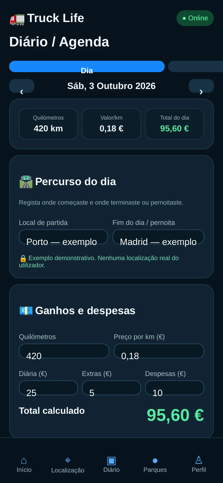 Ecrã do diário da Truck Life